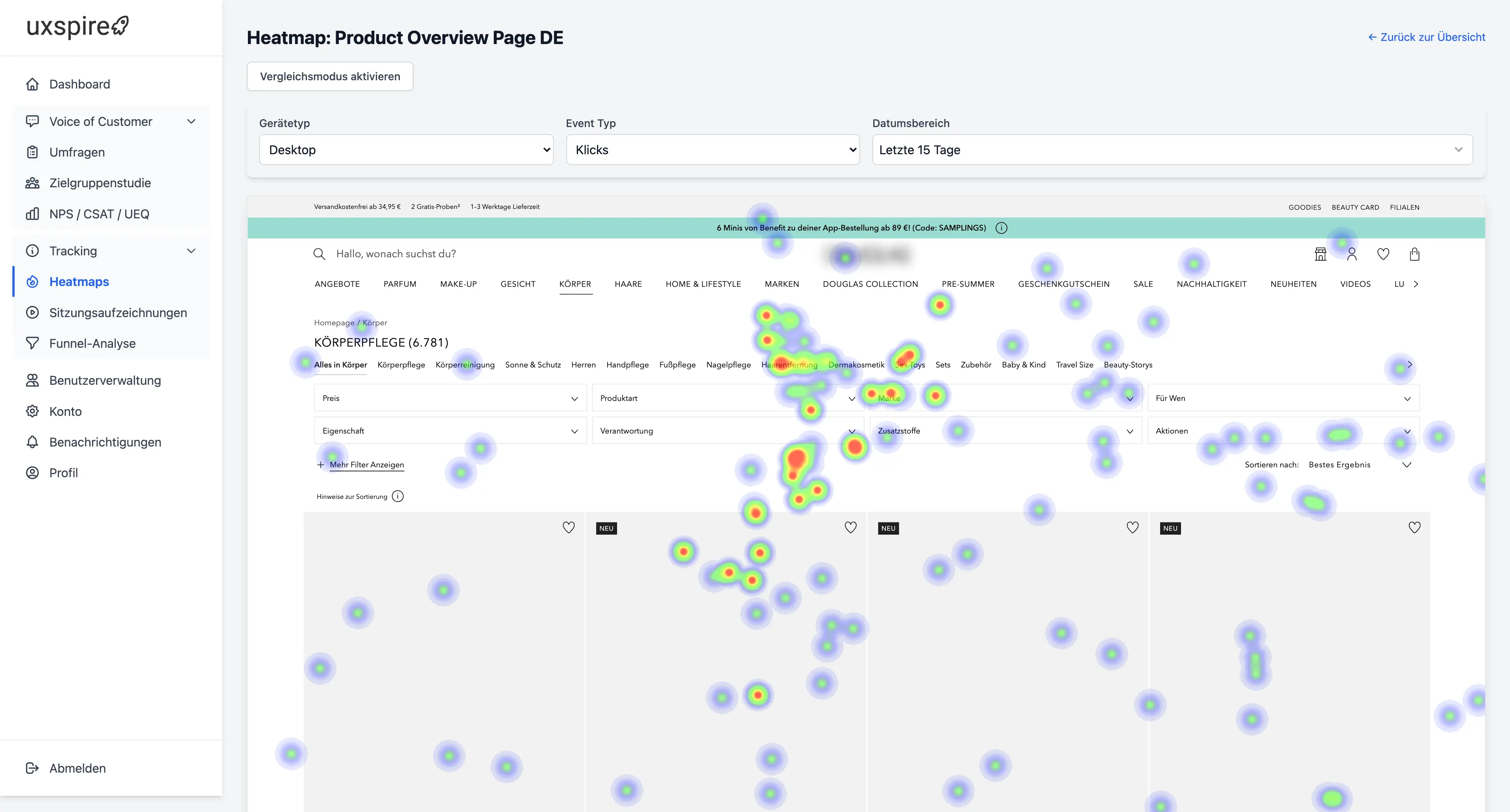 Heatmap der Produktseite mit Klick-Visualisierung